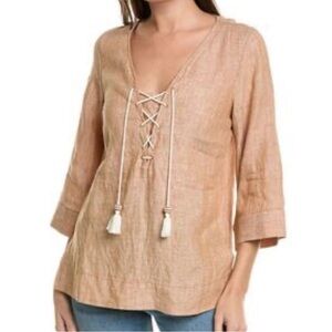 Women's Tommy Bahama Coastalina Tunic Linen Brown Top Tassel Tie Sz M
